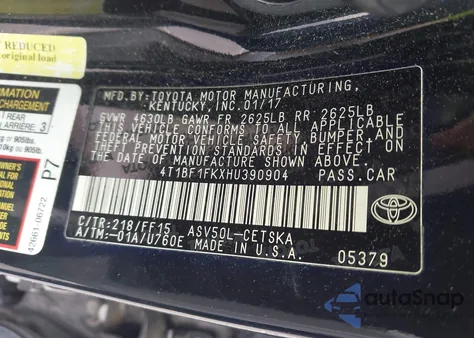 2017 Toyota Camry Se из США, поврежденный, VIN 4T1BF1FKXHU390904